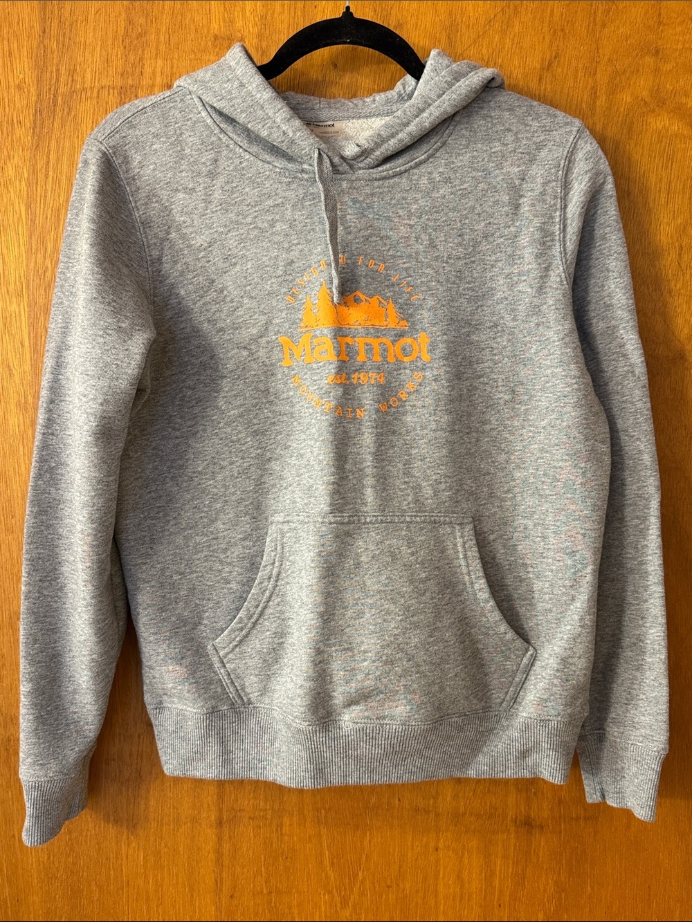 Marmot Culebra Peak Gray Pullover Hoodie with Orange Logo